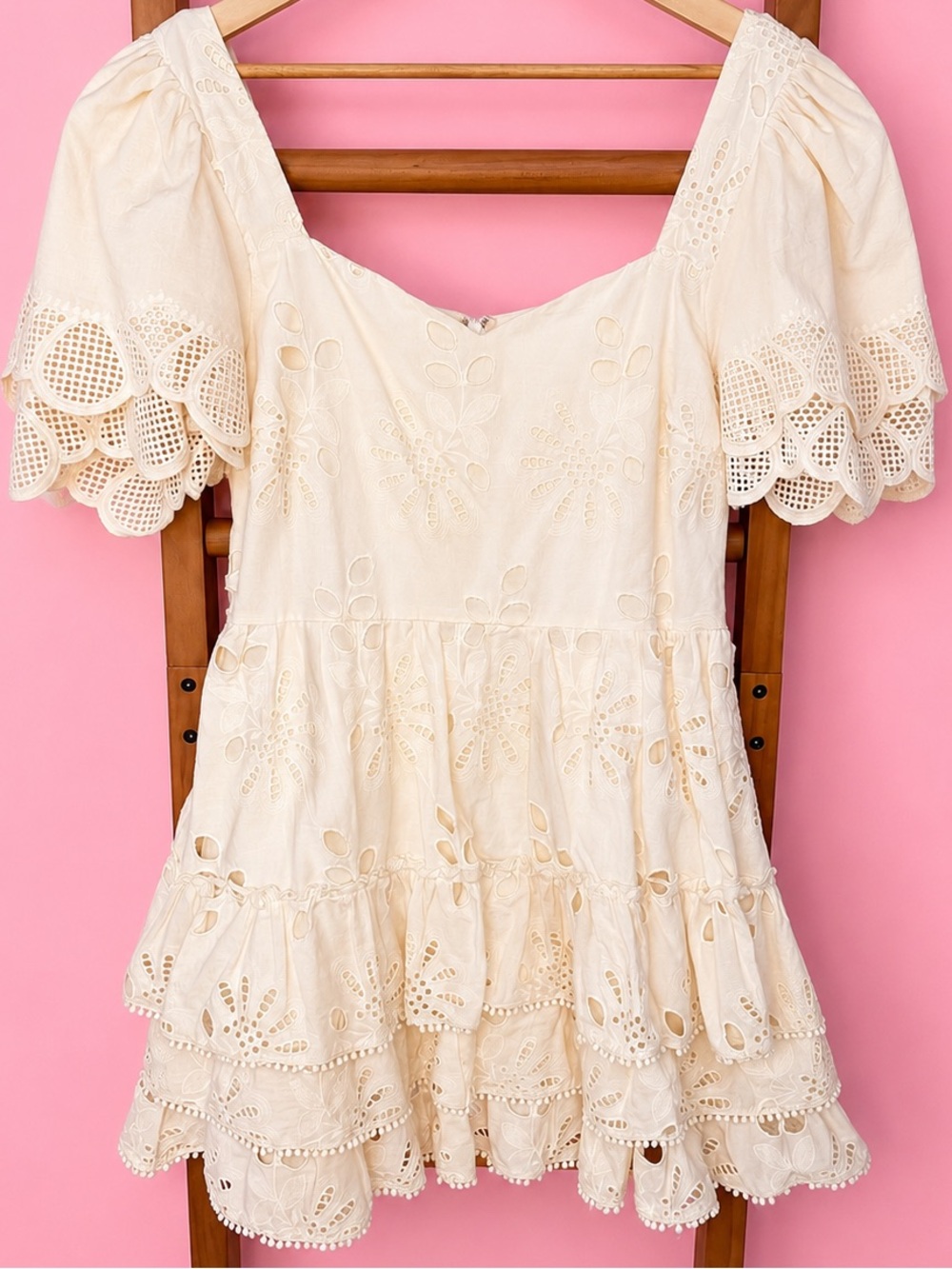 Just Me Cream Eyelet Tiered Ruffle Mini Dress Puff Sleeve Large